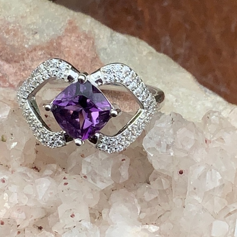 AMETHYST & CZ WHITE GOLD PLATED 925 STERLING SILVER RING, SIZE 8